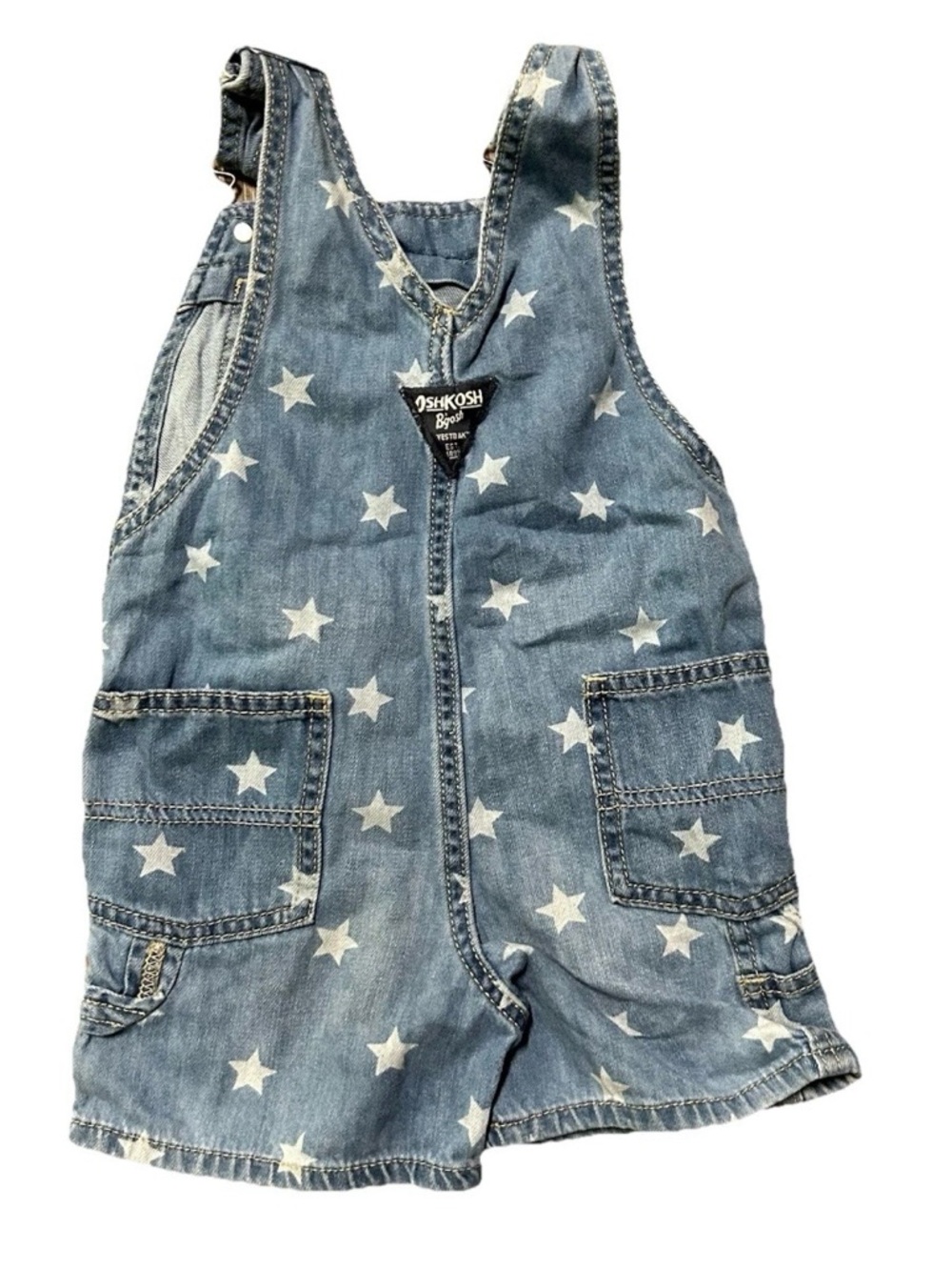 Toddler Oshkosh Denim Shortalls Overalls Size 2T Months Summer 4th Of July Stars - Picture 4 of 5